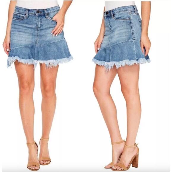 Blank NYC Frayed Hem Mini Skirt Denim Ruffle Raw Hem Asymmetrical Jean Skirt 26 - Picture 1 of 14
